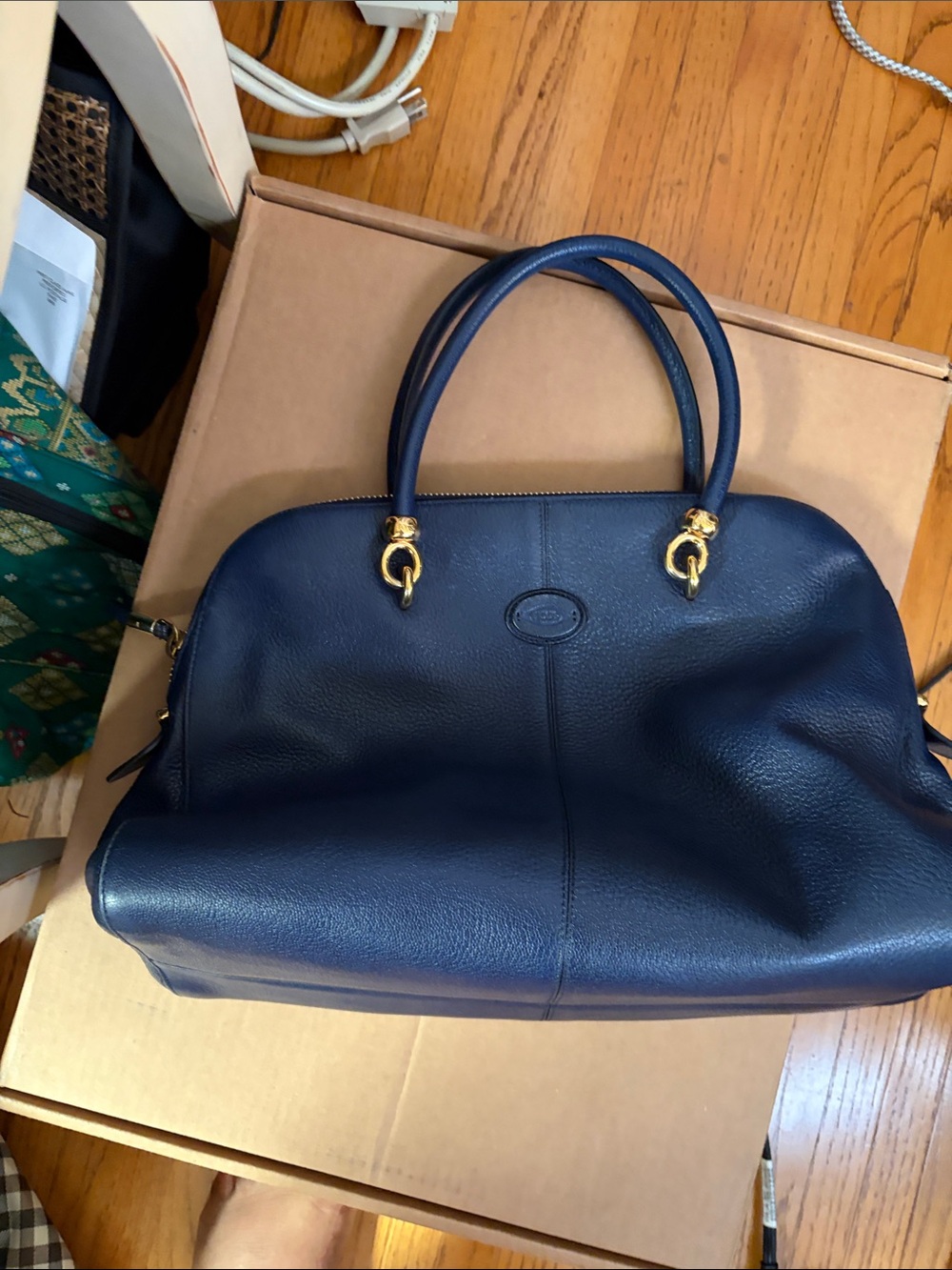 TODS Classic Navy Leather Satchel Handbag with Gold Hardware Sella Bauletto